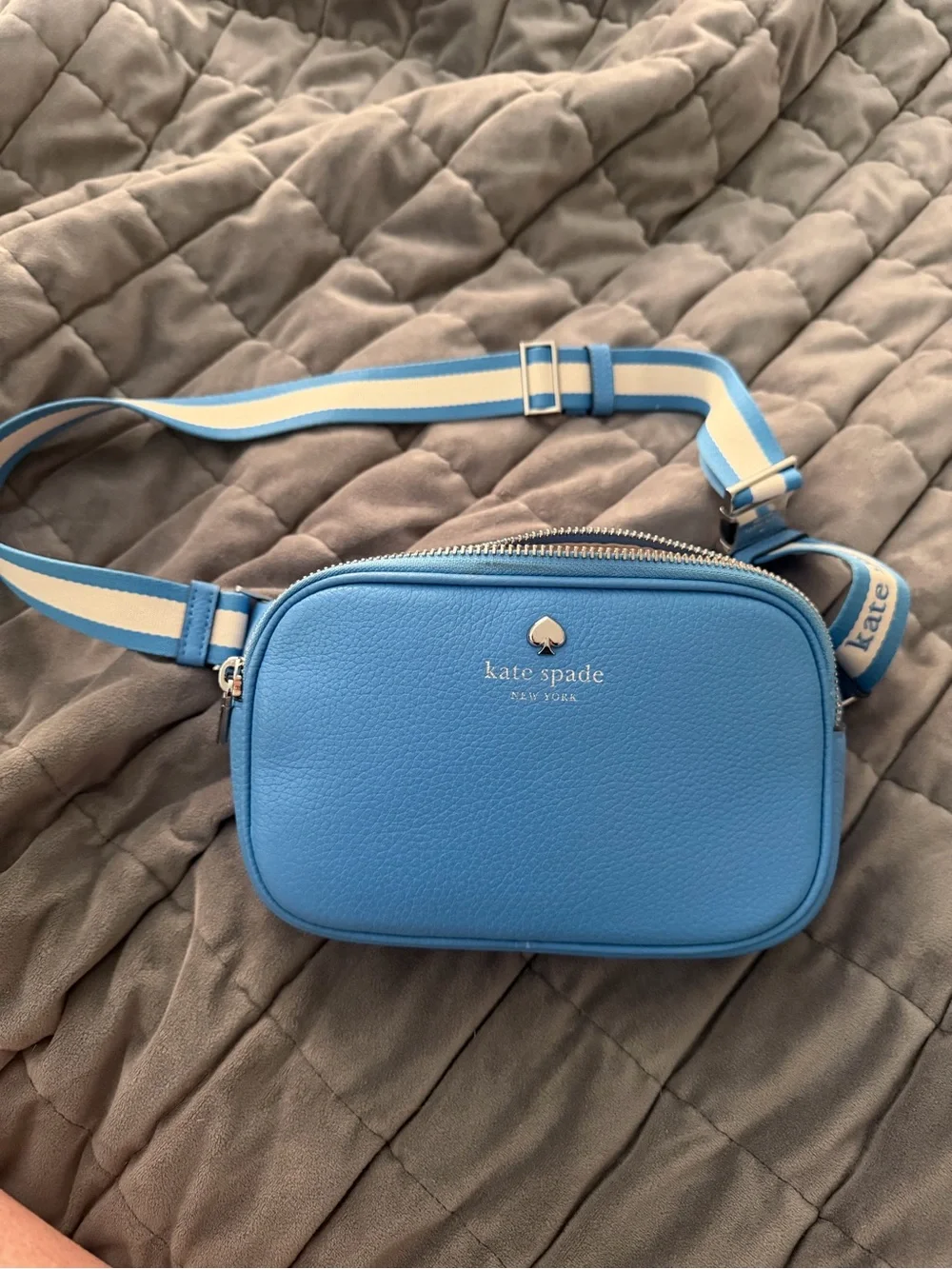 kate spade Light Blue Pebbled Leather Crossbody Camera Bag with Striped Strap